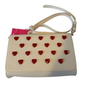 Adorable Betsy Johnson Off-White Crossbody w/ Red Heart Tacs.